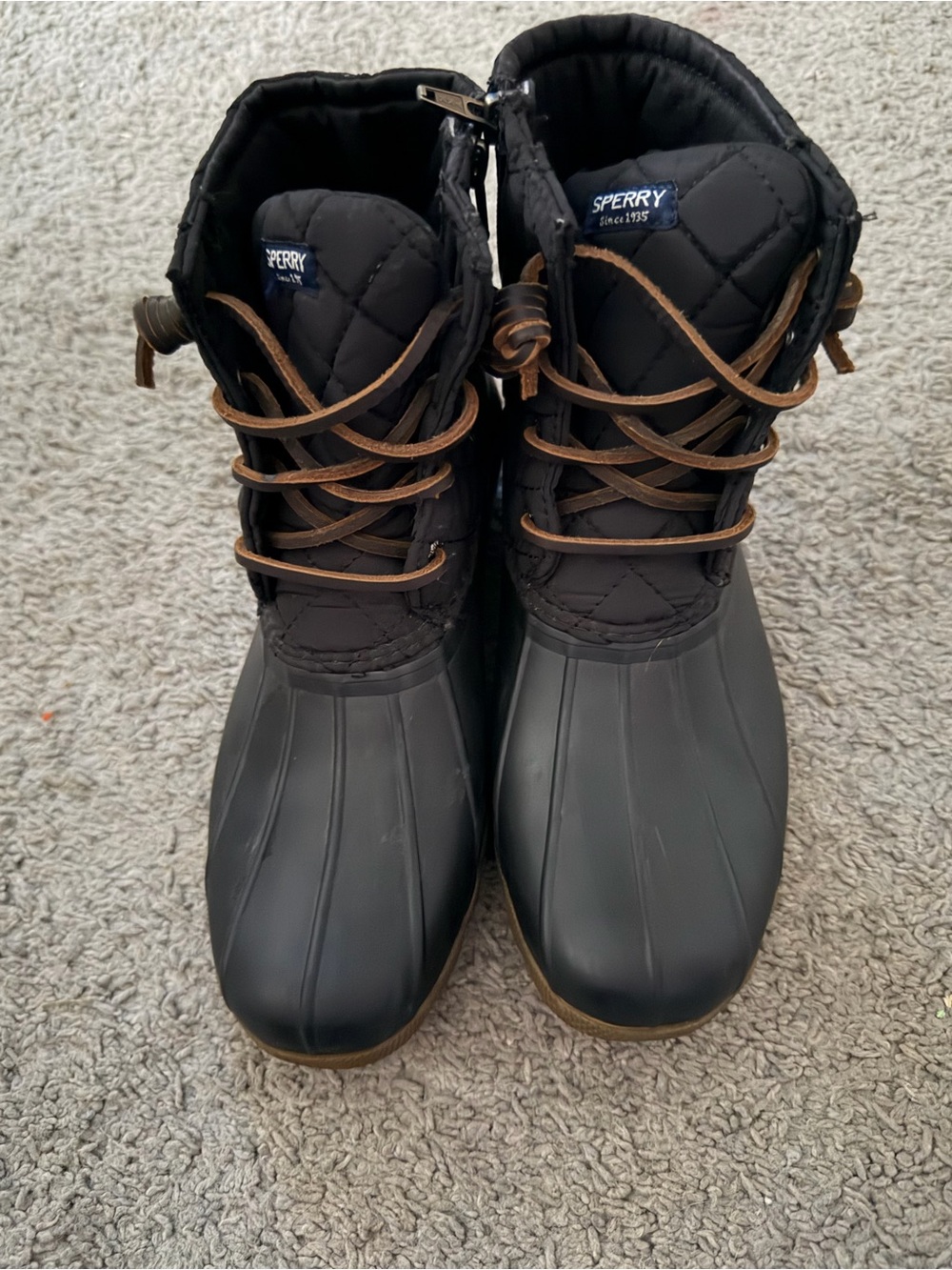 Sperry Black Quilted Winter Duck Boots with Brown Laces